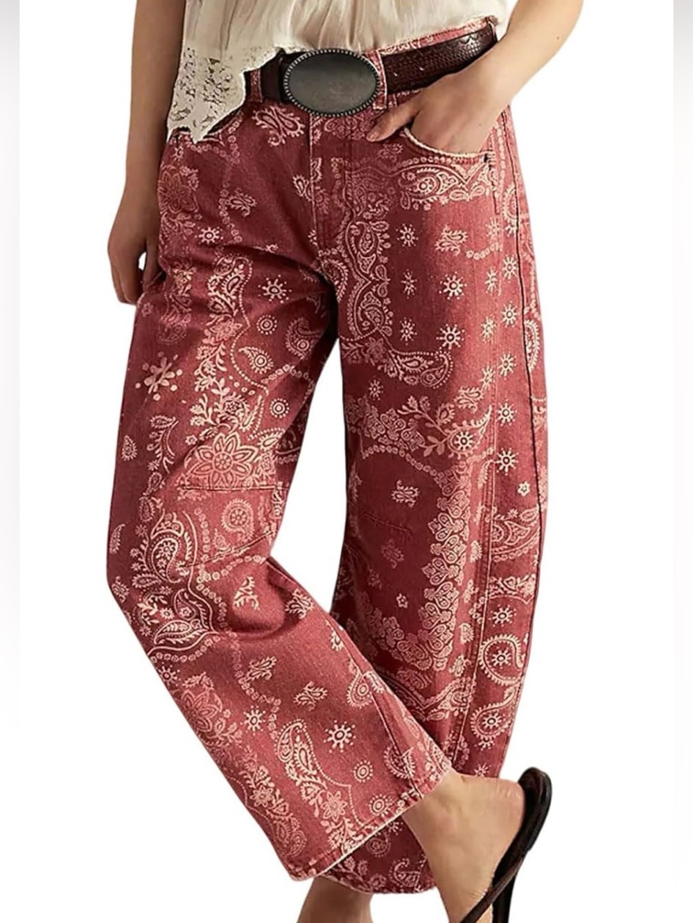 Boutique Red Bandana Paisley Printed Wide Leg Barrel Jeans